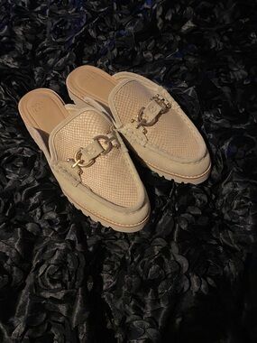 Donald Pliner Beige Slip-On Mules with Gold Horsebit